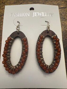 Fashion Jewelry Brown Wood Oval Earrings with Amber Beads